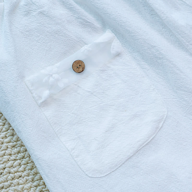 Buddha Stones Lato Codzienne KwiatoweBiałe Gładkie Patchwork Koronkowy Wzór Bawełna Lniane Damskie Spodnie Z Kieszeniami