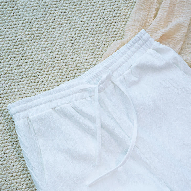 Buddha Stones Lato Codzienne KwiatoweBiałe Gładkie Patchwork Koronkowy Wzór Bawełna Lniane Damskie Spodnie Z Kieszeniami