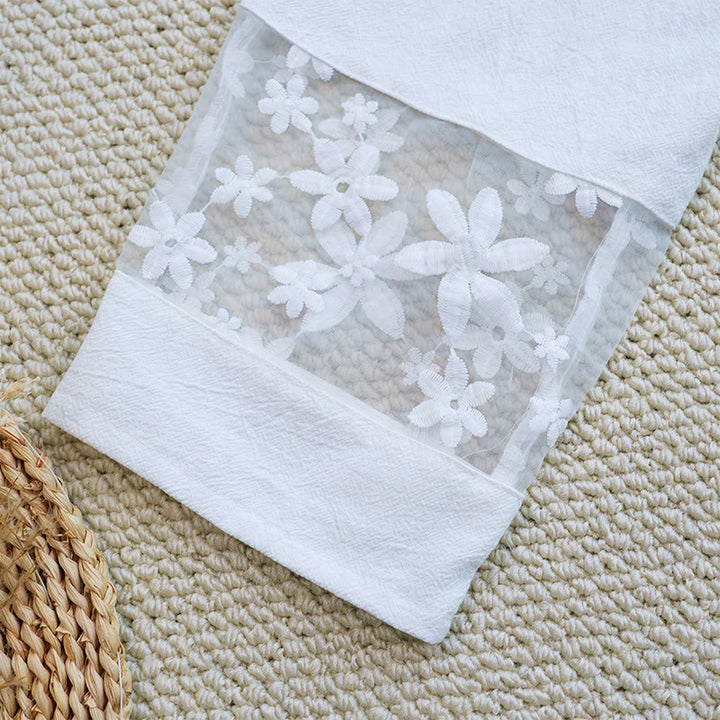 Buddha Stones Lato Codzienne KwiatoweBiałe Gładkie Patchwork Koronkowy Wzór Bawełna Lniane Damskie Spodnie Z Kieszeniami