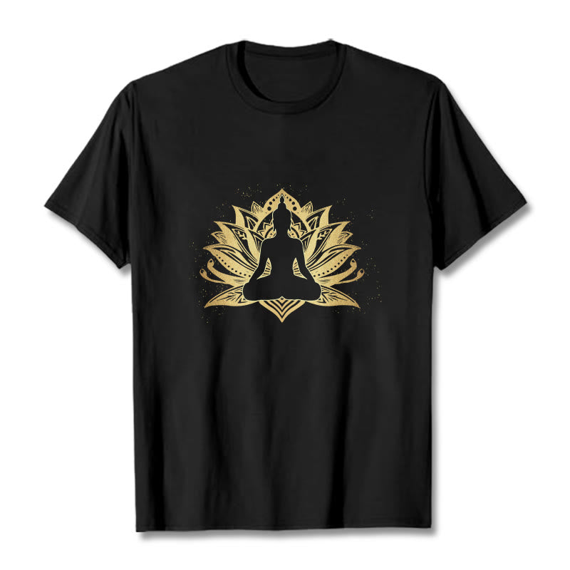 Buddha Stones Złoty Lotos Medytacja Budda T-shirt - Czarny - 2XL - image 0