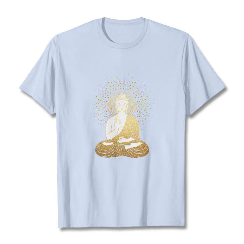 Buddha Stones Złoty Budda Medytacja Z Złotą Aurą Koszulka T-shirt - Jasnoniebieski - 2XL - image 18