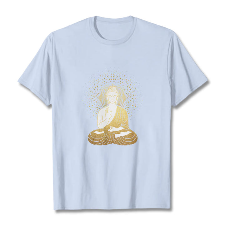 Buddha Stones Złoty Budda Medytacja Z Złotą Aurą Koszulka T-shirt - Jasnoniebieski - 2XL - image 18