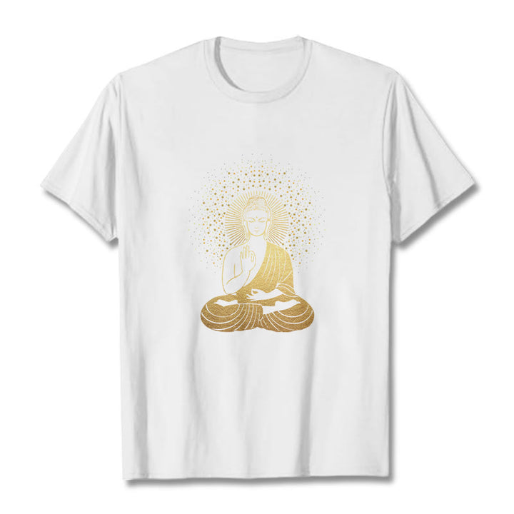 Buddha Stones Złoty Budda Medytacja Z Złotą Aurą Koszulka T-shirt - Biały - 2XL - image 7