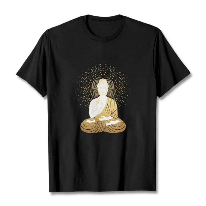 Buddha Stones Złoty Budda Medytacja Z Złotą Aurą Koszulka T-shirt - Czarny - 2XL - image 3