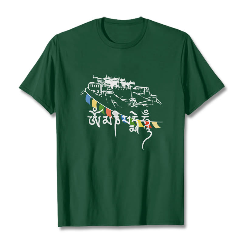 Buddha Stones Pałac Potala Om Mani Padme Hum Modlitewne Flagi Bawełniane T-shirt - ForestGreen - 2XL - image 3