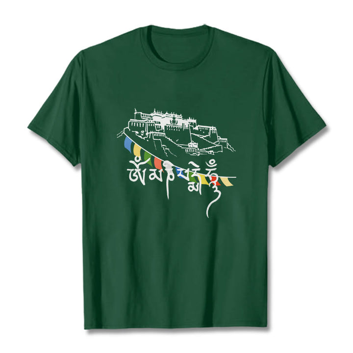 Buddha Stones Pałac Potala Om Mani Padme Hum Modlitewne Flagi Bawełniane T-shirt - ForestGreen - 2XL - image 3