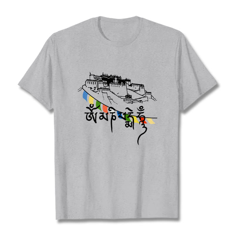Buddha Stones Pałac Potala Om Mani Padme Hum Modlitewne Flagi Bawełniane T-shirt - Jasnoszary - 2XL - image 0