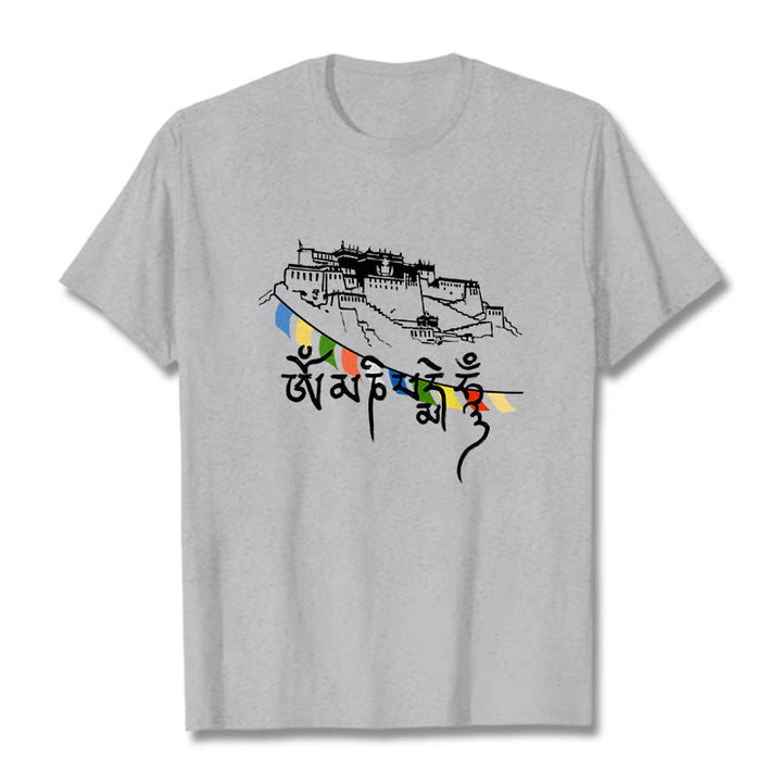 Buddha Stones Pałac Potala Om Mani Padme Hum Modlitewne Flagi Bawełniane T-shirt - Jasnoszary - 2XL - image 0