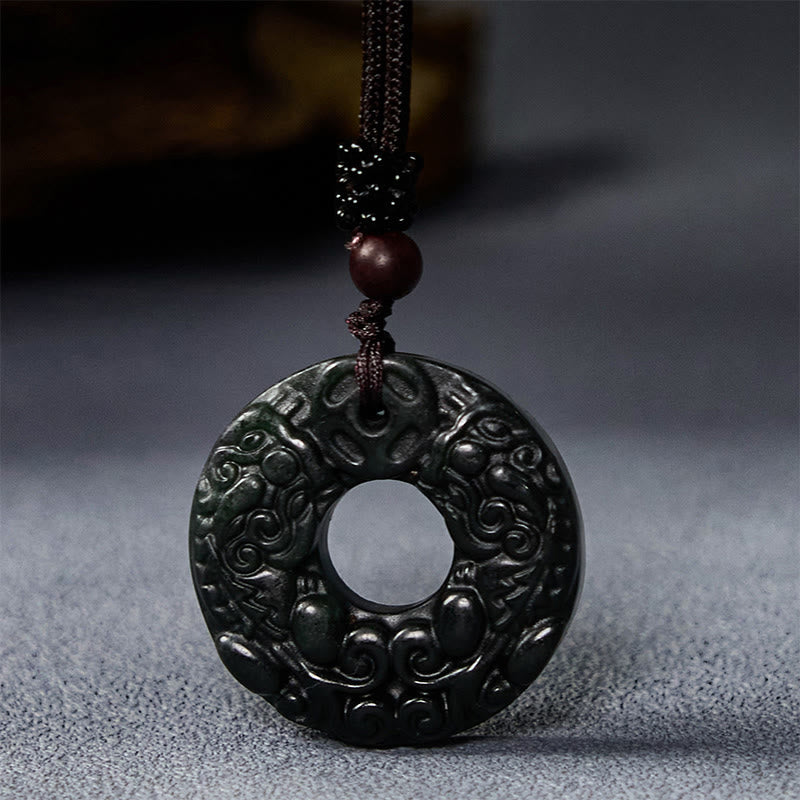 Buddha Stones Tybetańskie Nanyang Czarno-Zielony Jadeit PiXiu Peace Klamra Ochrona Naszyjnik Wisiorek - image 2