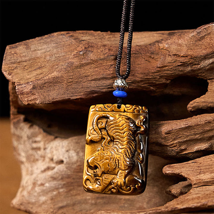 Buddha Stones Naturalne Tygrysie Oko Kwadratowy Wzór Tygrysa Ochrona Naszyjnik Wisiorek Lina