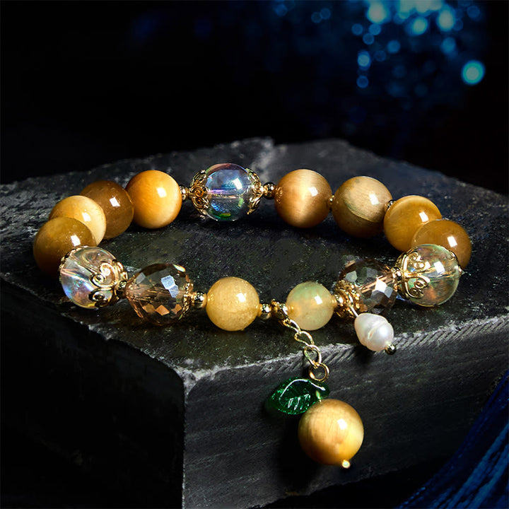 Buddha Stones Naturalne Koraliki Tygrysie Oko Zielony Liść Bransoletka Odwaga
