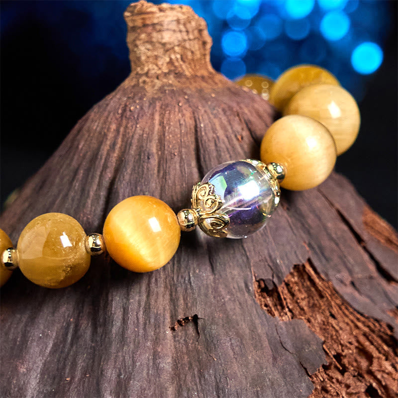 Buddha Stones Naturalne Koraliki Tygrysie Oko Zielony Liść Bransoletka Odwaga