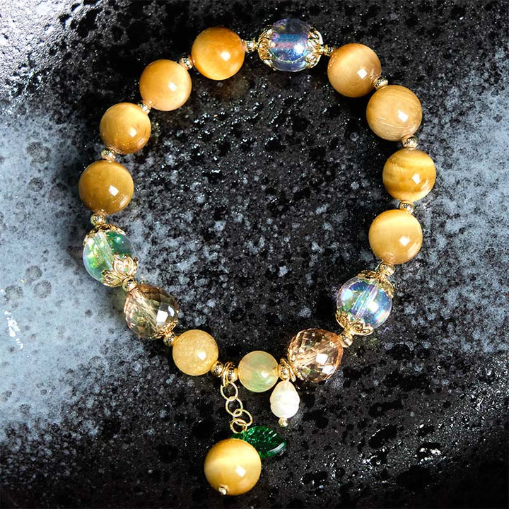 Buddha Stones Naturalne Koraliki Tygrysie Oko Zielony Liść Bransoletka Odwaga