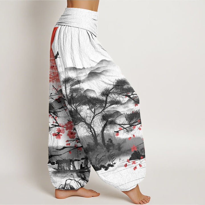 Buddha Stones Casual Red Plum Blossom Mountains Sun Pattern Damskie spodnie haremowe z elastyczną talią - image 2