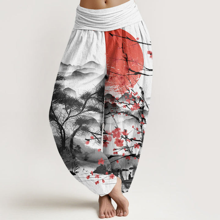Buddha Stones Casual Red Plum Blossom Mountains Sun Pattern Damskie spodnie haremowe z elastyczną talią - Biały - US22, UK/AU26, EU54 (6XL) - image 0