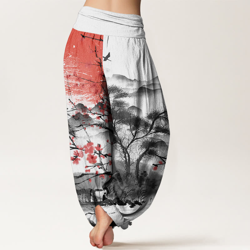 Buddha Stones Casual Red Plum Blossom Mountains Sun Pattern Damskie spodnie haremowe z elastyczną talią - image 1