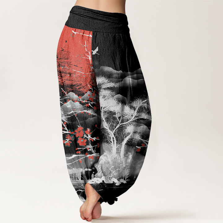 Buddha Stones Casual Red Plum Blossom Mountains Sun Pattern Damskie spodnie haremowe z elastyczną talią - image 5