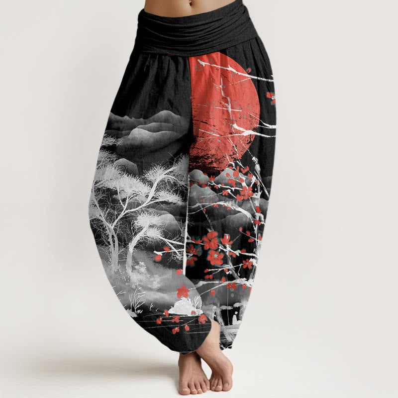 Buddha Stones Casual Red Plum Blossom Mountains Sun Pattern Damskie spodnie haremowe z elastyczną talią - Czarny - US22, UK/AU26, EU54 (6XL) - image 4