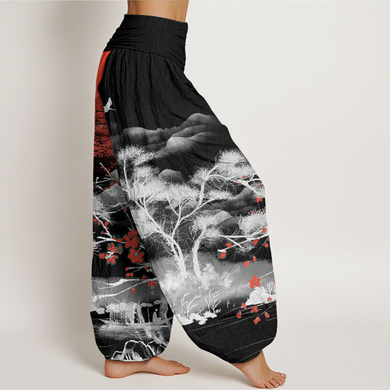 Buddha Stones Casual Red Plum Blossom Mountains Sun Pattern Damskie spodnie haremowe z elastyczną talią - image 6