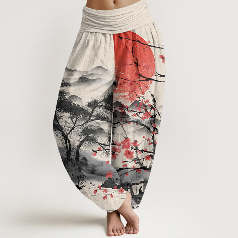 Buddha Stones Casual Red Plum Blossom Mountains Sun Pattern Damskie spodnie haremowe z elastyczną talią - Beżowy - US22, UK/AU26, EU54 (6XL) - image 7