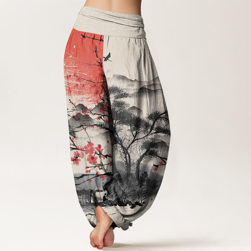 Buddha Stones Casual Red Plum Blossom Mountains Sun Pattern Damskie spodnie haremowe z elastyczną talią - image 8