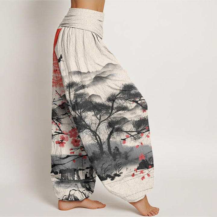 Buddha Stones Casual Red Plum Blossom Mountains Sun Pattern Damskie spodnie haremowe z elastyczną talią - image 9
