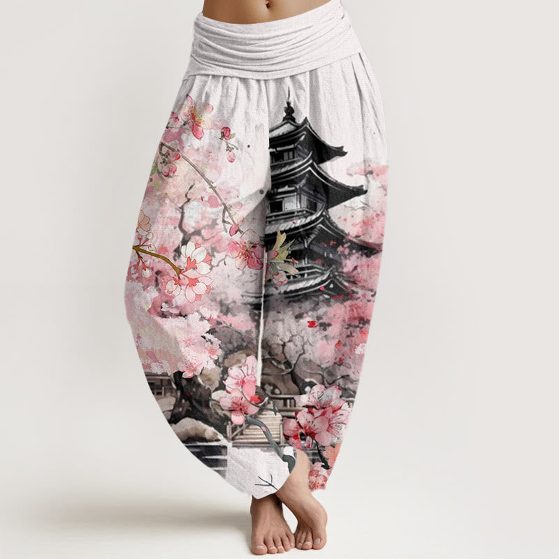 Damskie spodnie haremowe z elastyczną talią i bawełnianym pawilonem z motywem kwiatów wiśni w Buddha Stones - Biały - US22, UK/AU26, EU54 (6XL) - image 0