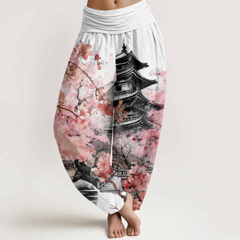 Pawilon Buddha Stones Wzór Kwitnącej Wiśni Damskie Spodnie Harem Z Elastyczną Talią - Śnieg - US22, UK/AU26, EU54 (6XL) - image 5