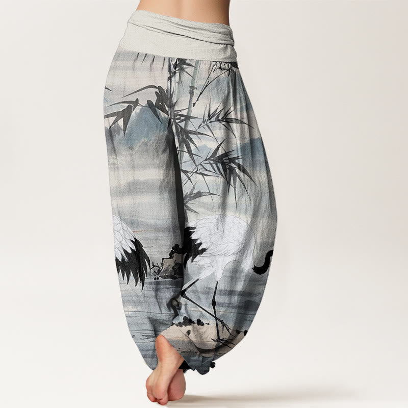 Buddha Stones Casual Czerwony-Crowned Crane Bamboo Leaves Mountain Pattern Damskie spodnie haremowe z elastyczną talią - image 2