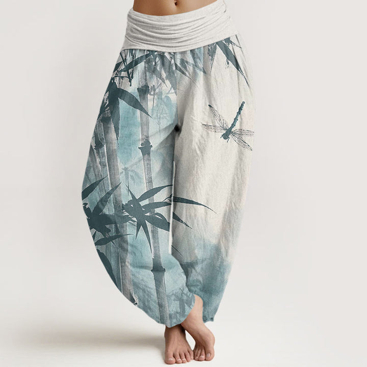 Buddha Stones haremowe damskie z elastyczną talią i bawełnianymi, swobodnymi, bambusowymi liśćmi i wzorem ważki - Bielizna - US22, UK/AU26, EU54 (6XL) - image 7