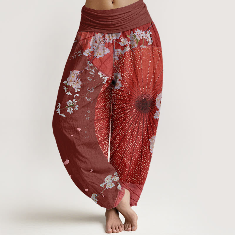 Buddha Stones Casual Czerwony Parasol z papieru olejowego Wzór kwiatu wiśni Damskie spodnie haremki z elastyczną talią - Brązowy - US22, UK/AU26, EU54 (6XL) - image 1