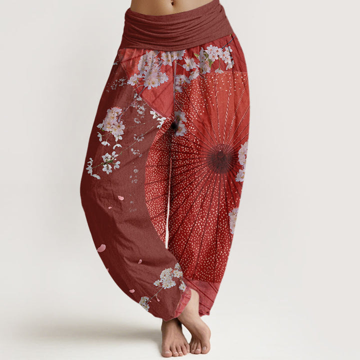 Buddha Stones Casual Czerwony Parasol z papieru olejowego Wzór kwiatu wiśni Damskie spodnie haremki z elastyczną talią - Brązowy - US22, UK/AU26, EU54 (6XL) - image 0