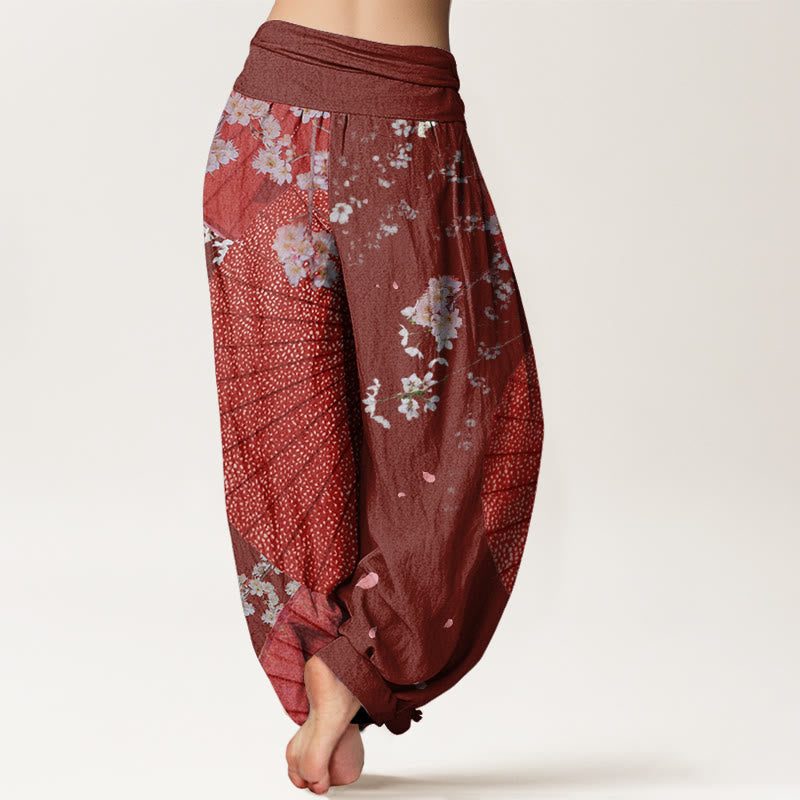Buddha Stones Casual Czerwony Parasol z papieru olejowego Wzór kwiatu wiśni Damskie spodnie haremki z elastyczną talią - image 2