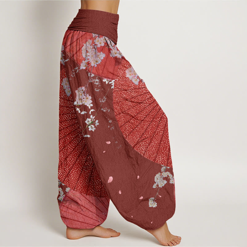 Buddha Stones Casual Czerwony Parasol z papieru olejowego Wzór kwiatu wiśni Damskie spodnie haremki z elastyczną talią - image 3