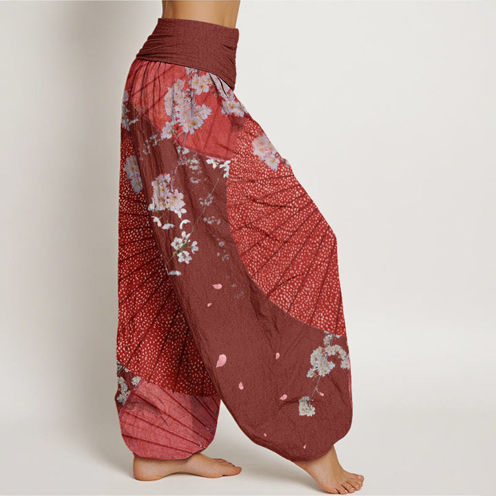 Buddha Stones Casual Czerwony Parasol z papieru olejowego Wzór kwiatu wiśni Damskie spodnie haremki z elastyczną talią - image 3