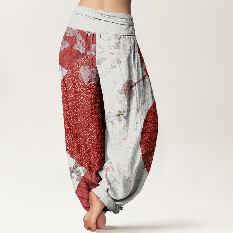 Buddha Stones Casual Czerwony Parasol z papieru olejowego Wzór kwiatu wiśni Damskie spodnie haremki z elastyczną talią - image 6