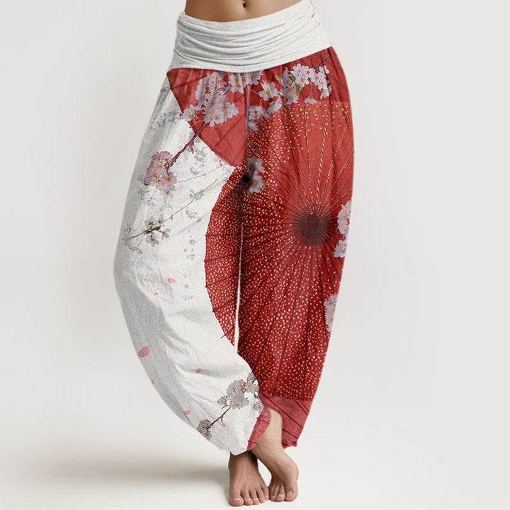 Buddha Stones Casual Czerwony Parasol z papieru olejowego Wzór kwiatu wiśni Damskie spodnie haremki z elastyczną talią - GhostWhite - US22, UK/AU26, EU54 (6XL) - image 5