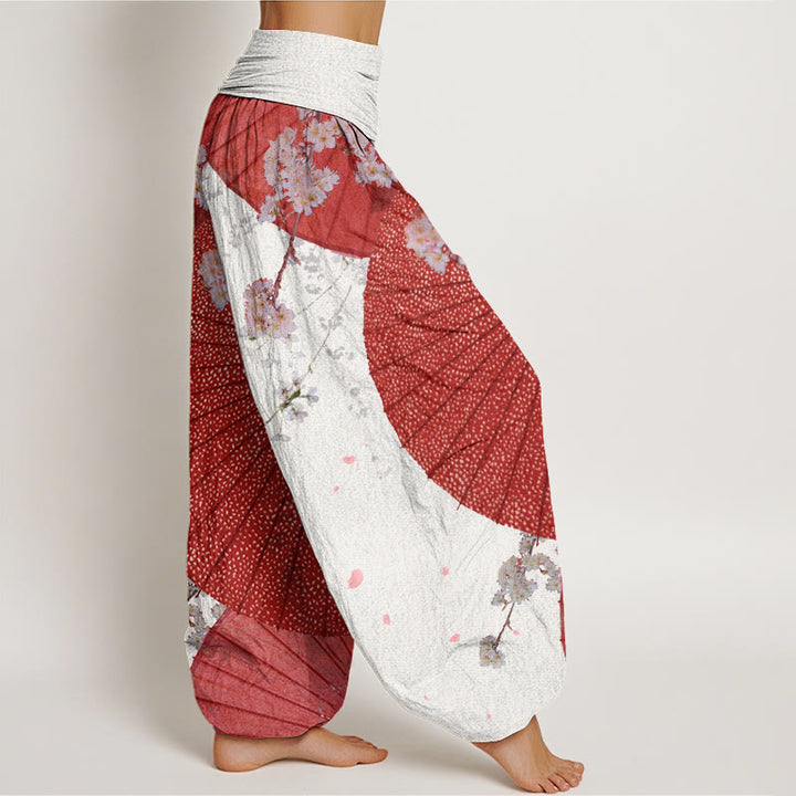 Buddha Stones Casual Czerwony Parasol z papieru olejowego Wzór kwiatu wiśni Damskie spodnie haremki z elastyczną talią - image 7