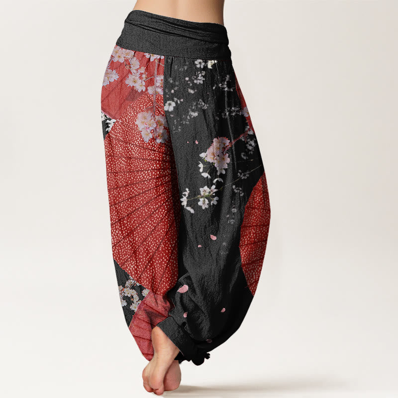 Buddha Stones Casual Czerwony Parasol z papieru olejowego Wzór kwiatu wiśni Damskie spodnie haremki z elastyczną talią - image 9