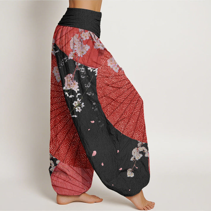 Buddha Stones Casual Czerwony Parasol z papieru olejowego Wzór kwiatu wiśni Damskie spodnie haremki z elastyczną talią - image 10