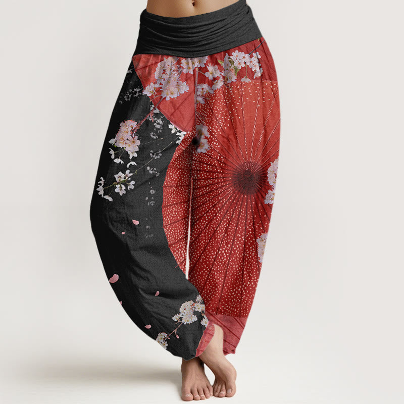 Buddha Stones Casual Czerwony Parasol z papieru olejowego Wzór kwiatu wiśni Damskie spodnie haremki z elastyczną talią - Czarny - US22, UK/AU26, EU54 (6XL) - image 8