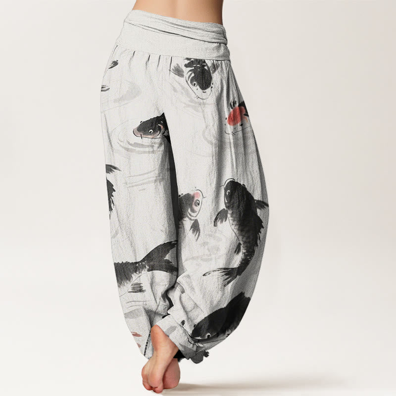 Buddha Stones Casual Koi Fish Pattern Damskie Spodnie Harem Elastyczna Talia