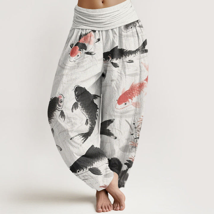 Buddha Stones Casual Koi Fish Pattern Damskie Spodnie Harem Elastyczna Talia