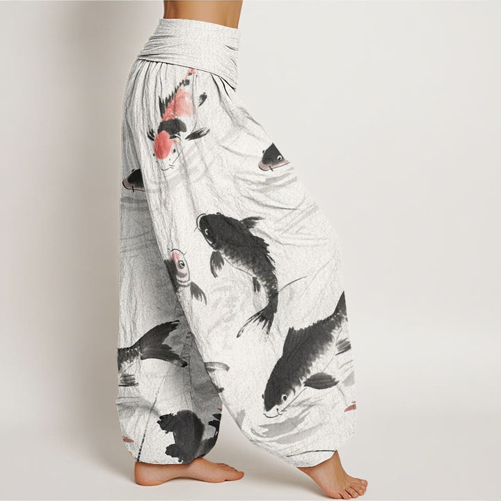 Buddha Stones Casual Koi Fish Pattern Damskie Spodnie Harem Elastyczna Talia