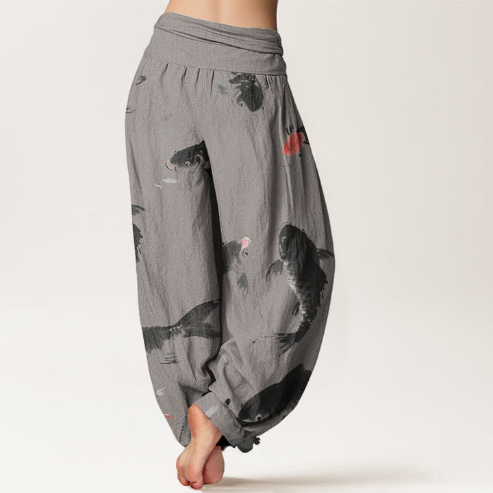 Buddha Stones Casual Koi Fish Pattern Damskie Spodnie Harem Elastyczna Talia