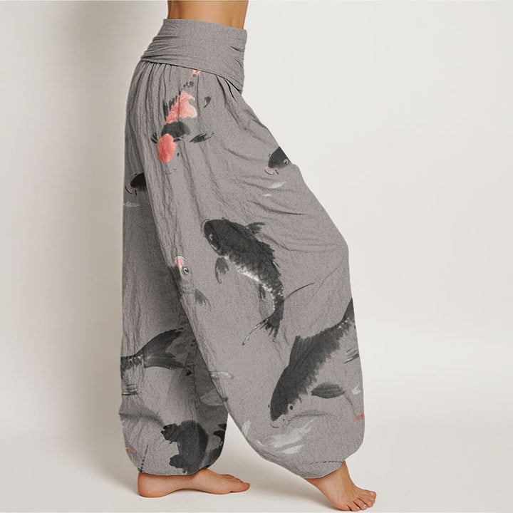 Buddha Stones Casual Koi Fish Pattern Damskie Spodnie Harem Elastyczna Talia