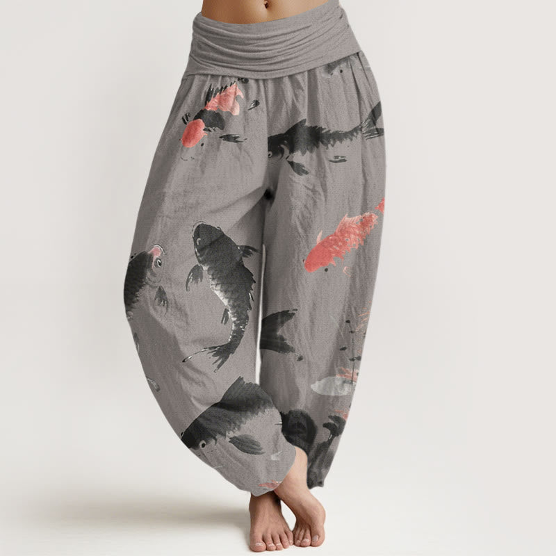 Buddha Stones Casual Koi Fish Pattern Damskie Spodnie Harem Elastyczna Talia