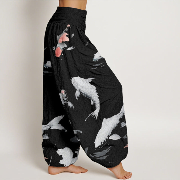 Buddha Stones Casual Koi Fish Pattern Damskie Spodnie Harem Elastyczna Talia