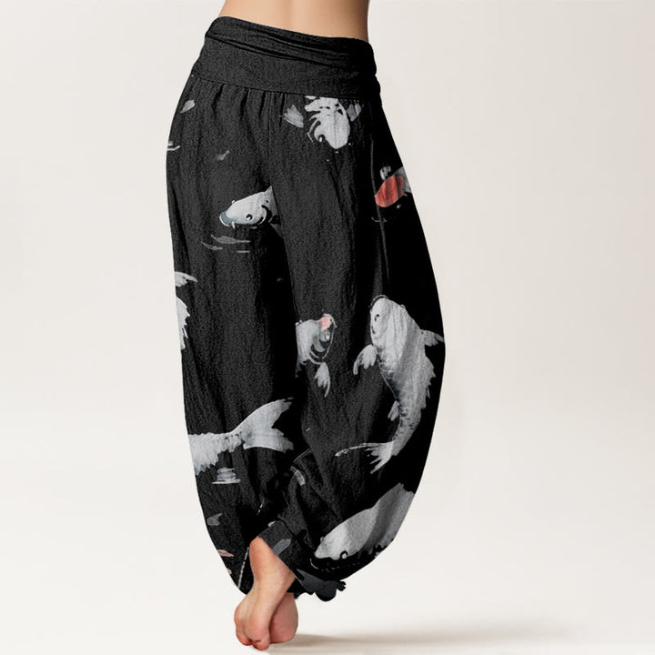 Buddha Stones Casual Koi Fish Pattern Damskie Spodnie Harem Elastyczna Talia