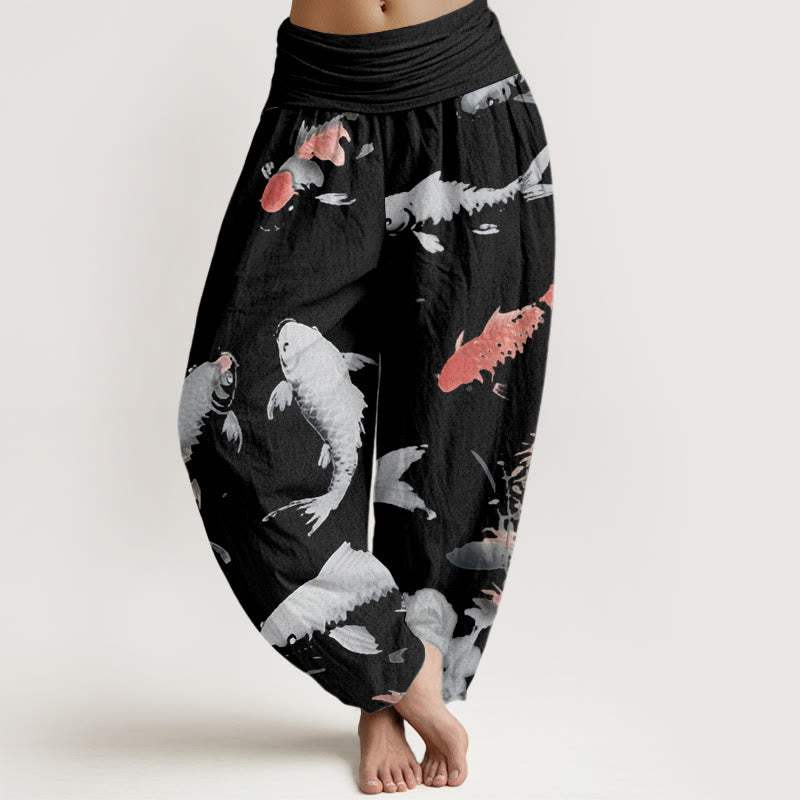 Buddha Stones Casual Koi Fish Pattern Damskie Spodnie Harem Elastyczna Talia